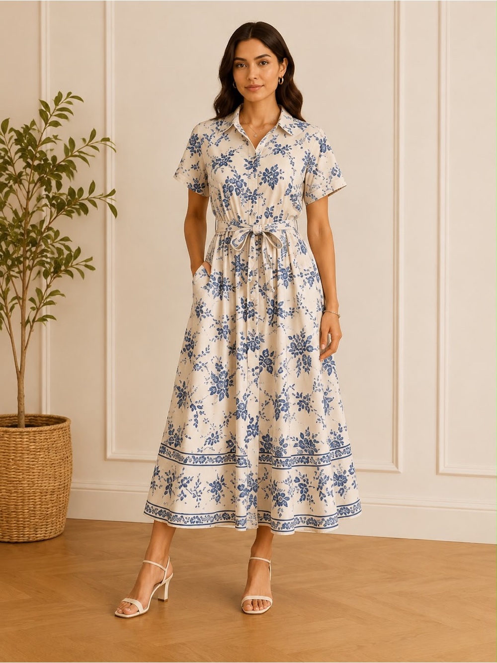Floral Tie-Waist Shirt Dress in Cream and Blue